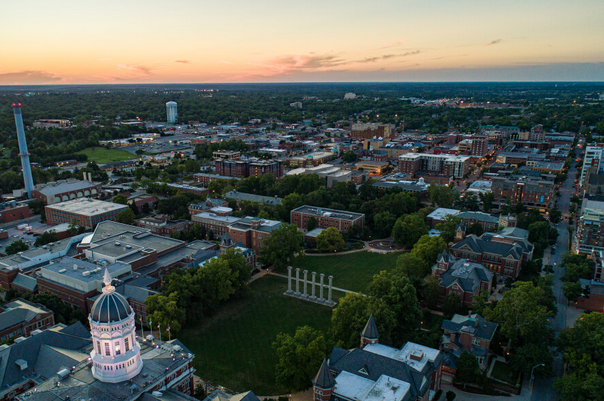 Aerial view of Columbia, MO at sunset