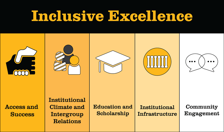 Inclusive excellence framework: Access and Success; Institutional Climate and Intergroup Relations; Education and Scholarship; Institutional Infrastructure; Community Engagement