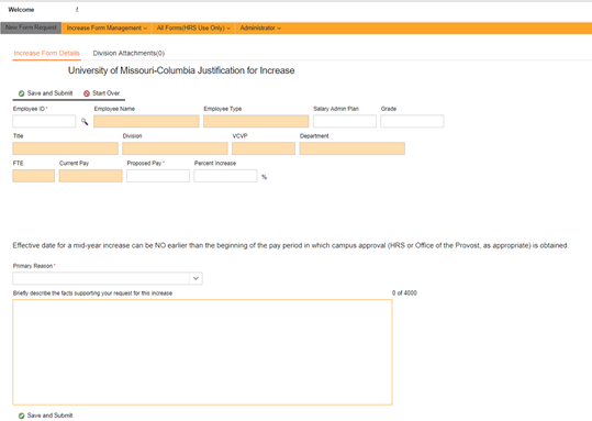 Screenshot of online JFI form showing "New Form Request" screen.