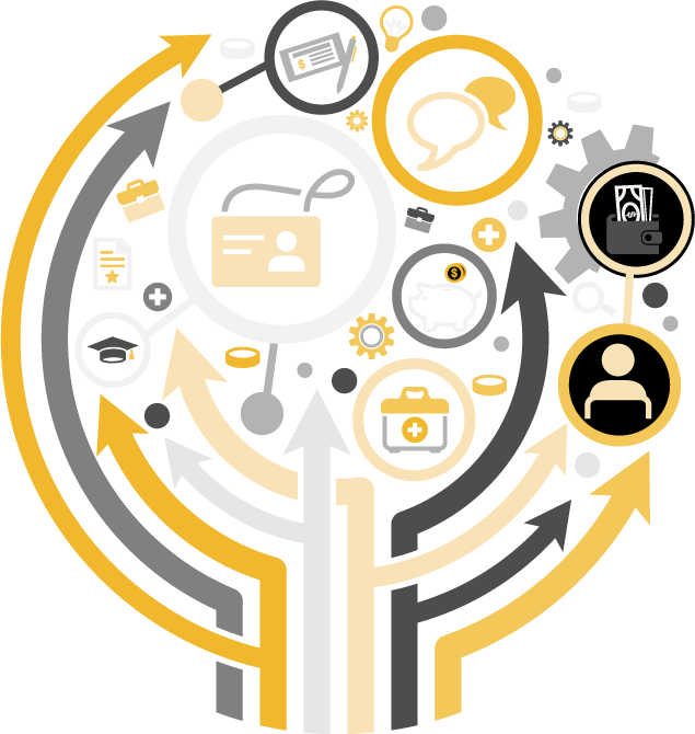 Illustration cloud showing HR concepts, including a mortar board, ID badge, speech bubbles, piggy bank, health kit, wallet and documents