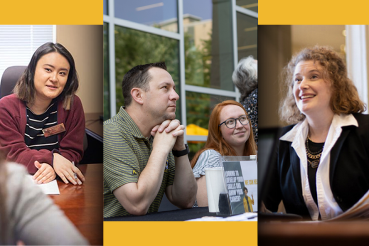 Three series of staff seated at desk or table, engaged in conversation, looking across toward an unpictured person